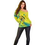 Personalised Hockeyroos Kangaroo Field Hockey Off Shoulder Sweater Dynamic Australia Green Gold Athlete Mascot Design