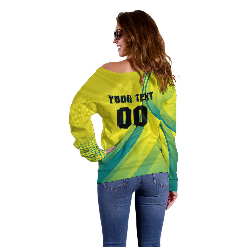 Personalised Hockeyroos Kangaroo Field Hockey Off Shoulder Sweater Dynamic Australia Green Gold Athlete Mascot Design