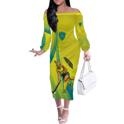 Personalised Hockeyroos Kangaroo Field Hockey Off The Shoulder Long Sleeve Dress Dynamic Australia Green Gold Athlete Mascot Design