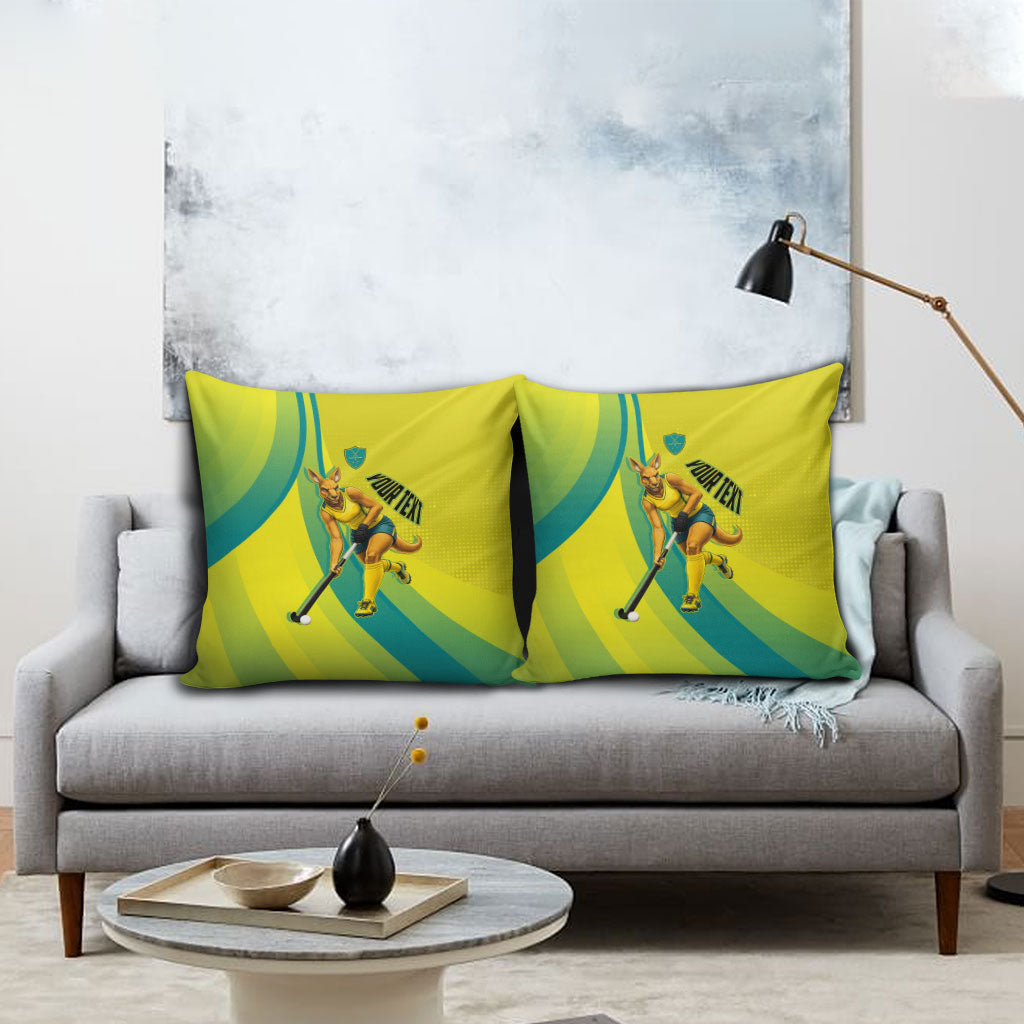 Personalised Hockeyroos Kangaroo Field Hockey Pillow Cover Dynamic Australia Green Gold Athlete Mascot Design