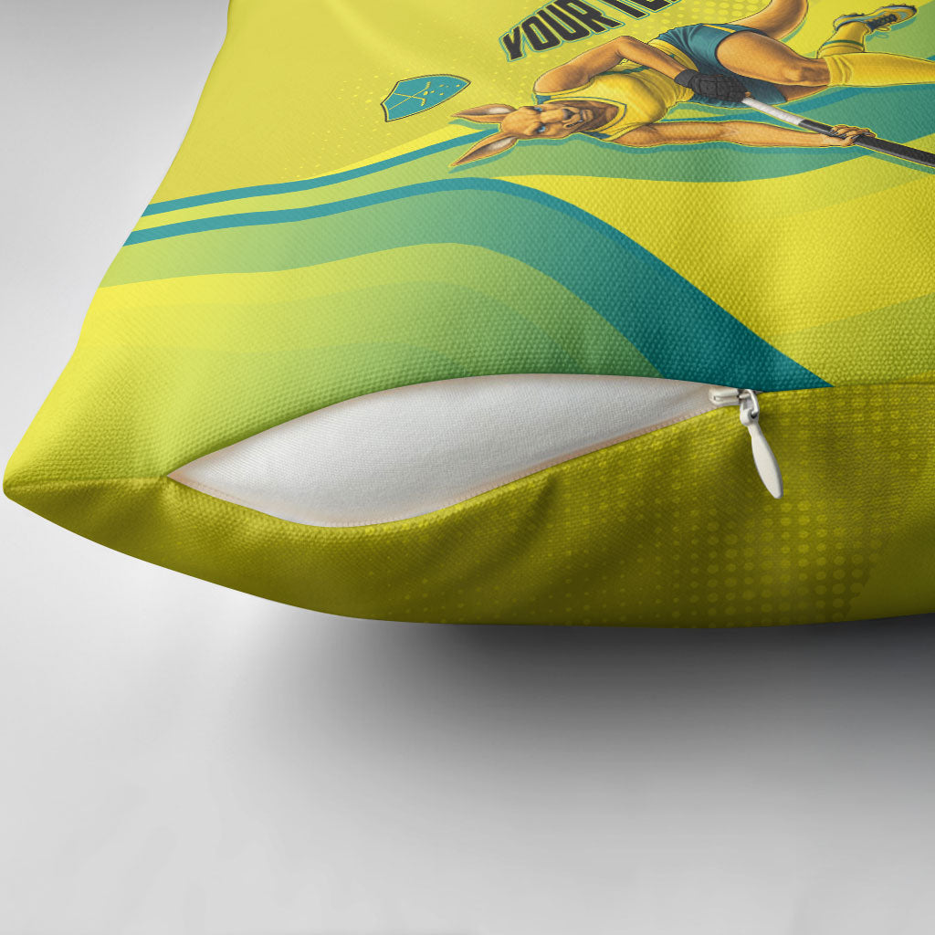 Personalised Hockeyroos Kangaroo Field Hockey Pillow Cover Dynamic Australia Green Gold Athlete Mascot Design