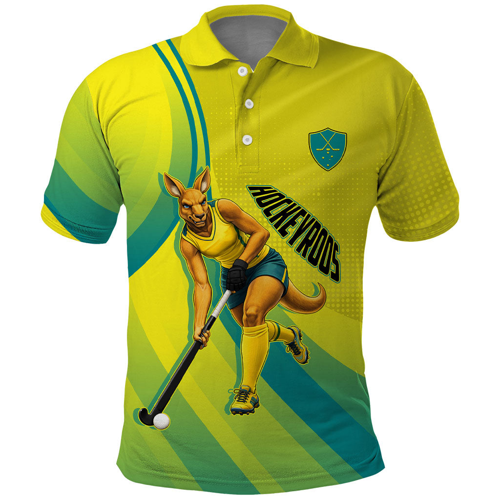 Personalised Hockeyroos Kangaroo Field Hockey Polo Shirt Dynamic Australia Green Gold Athlete Mascot Design