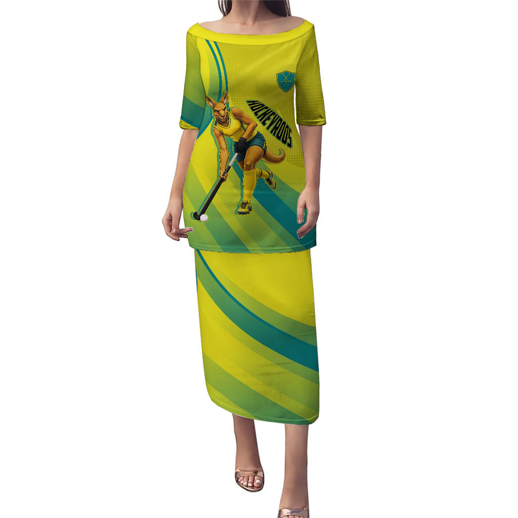 Personalised Hockeyroos Kangaroo Field Hockey Puletasi Dynamic Australia Green Gold Athlete Mascot Design