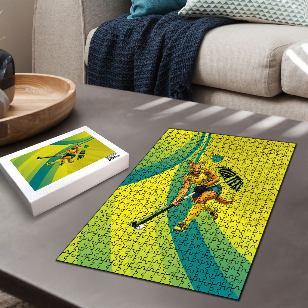 Personalised Hockeyroos Kangaroo Field Hockey Puzzle Dynamic Australia Green Gold Athlete Mascot Design