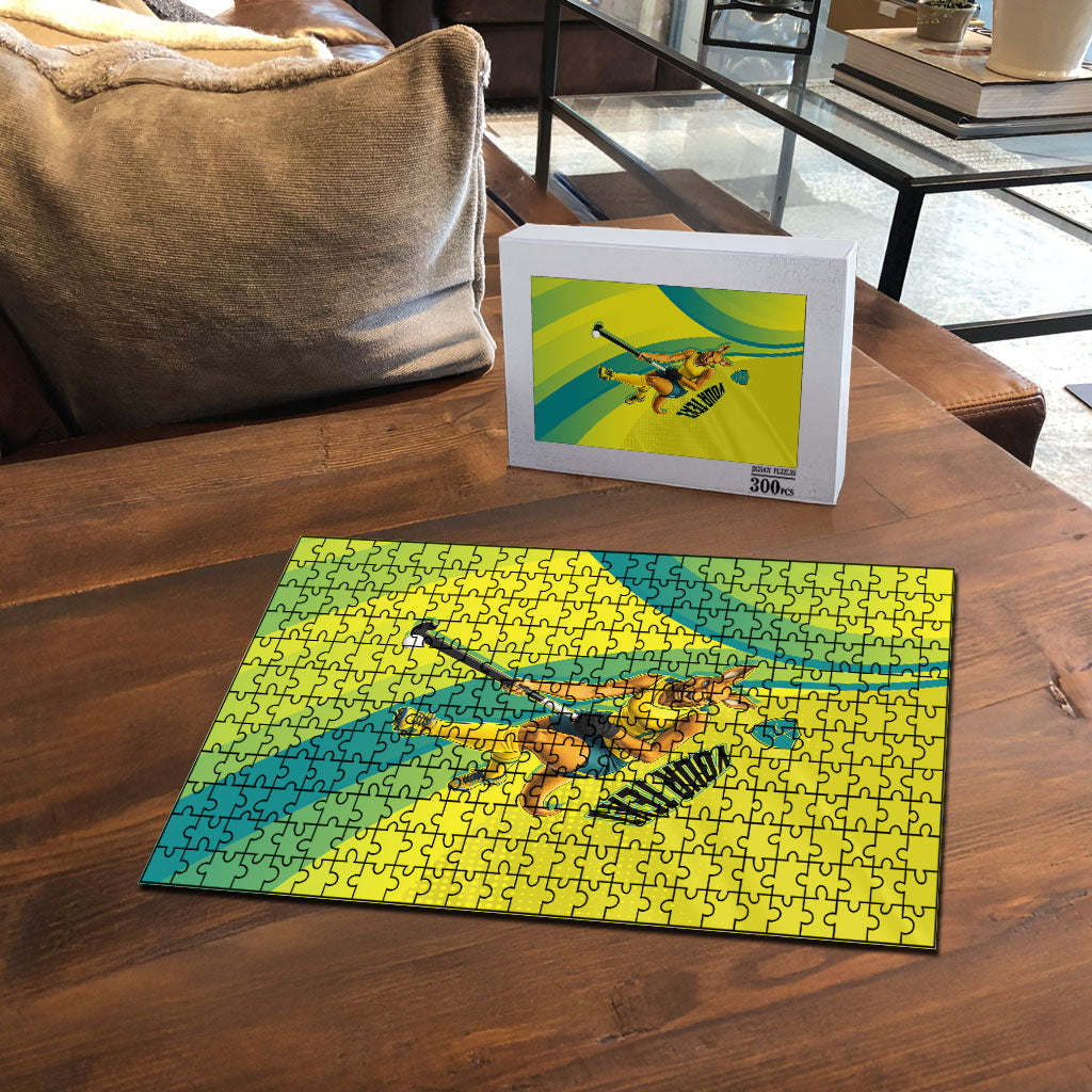 Personalised Hockeyroos Kangaroo Field Hockey Puzzle Dynamic Australia Green Gold Athlete Mascot Design