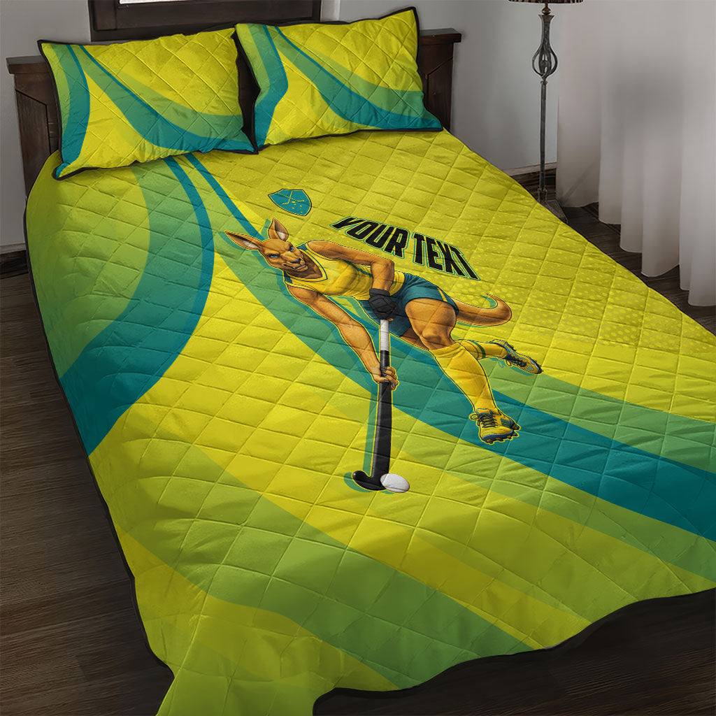 Personalised Hockeyroos Kangaroo Field Hockey Quilt Bed Set Dynamic Australia Green Gold Athlete Mascot Design