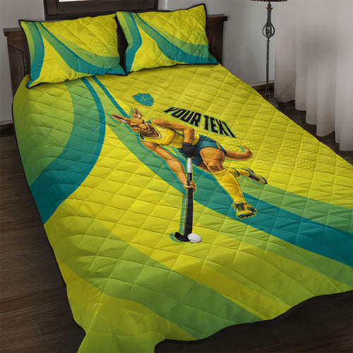 Personalised Hockeyroos Kangaroo Field Hockey Quilt Bed Set Dynamic Australia Green Gold Athlete Mascot Design