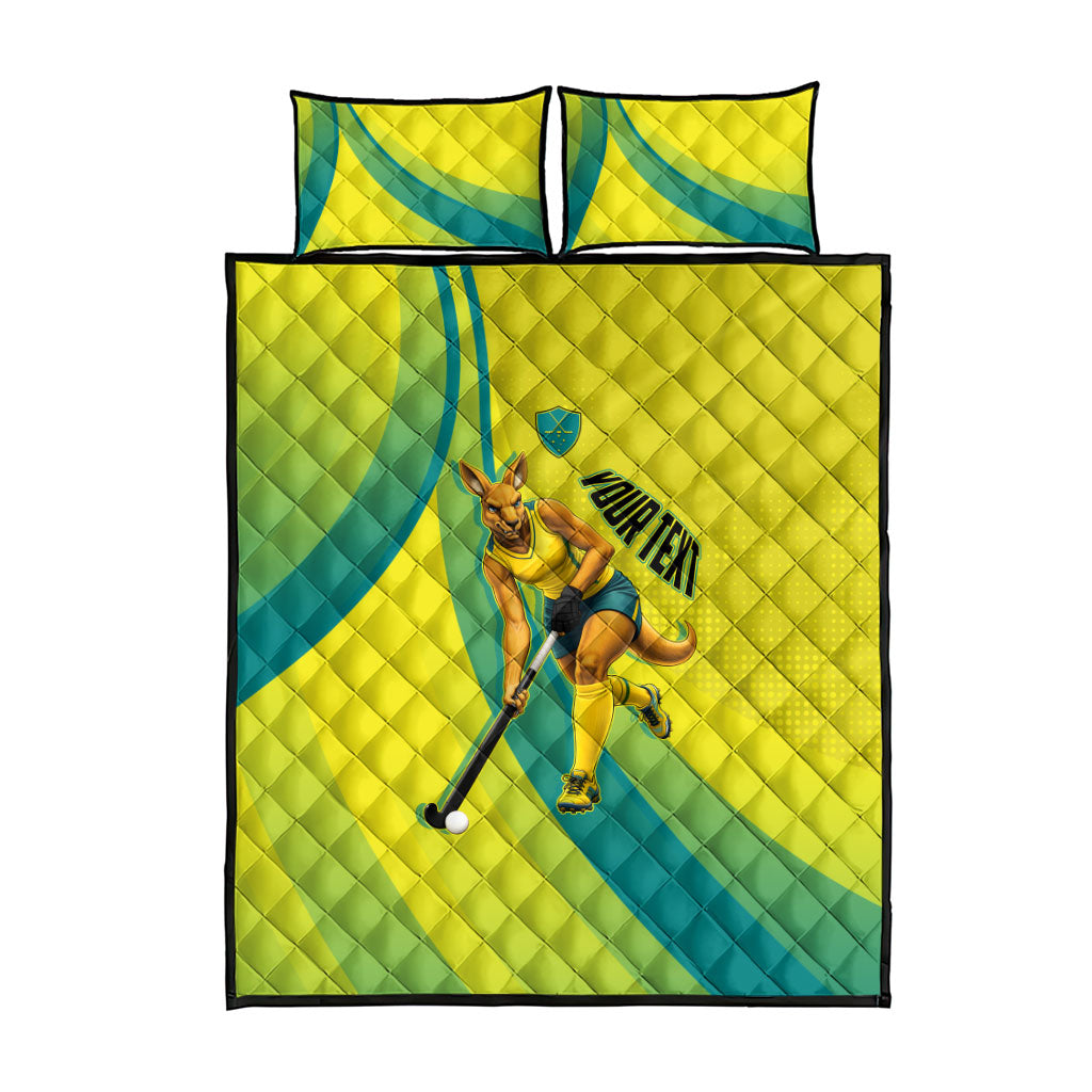 Personalised Hockeyroos Kangaroo Field Hockey Quilt Bed Set Dynamic Australia Green Gold Athlete Mascot Design