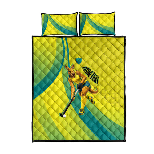 Personalised Hockeyroos Kangaroo Field Hockey Quilt Bed Set Dynamic Australia Green Gold Athlete Mascot Design