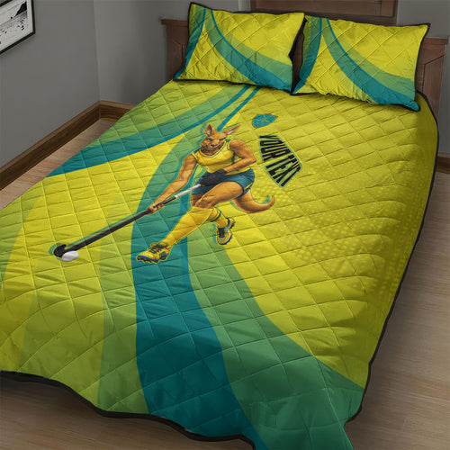Personalised Hockeyroos Kangaroo Field Hockey Quilt Bed Set Dynamic Australia Green Gold Athlete Mascot Design