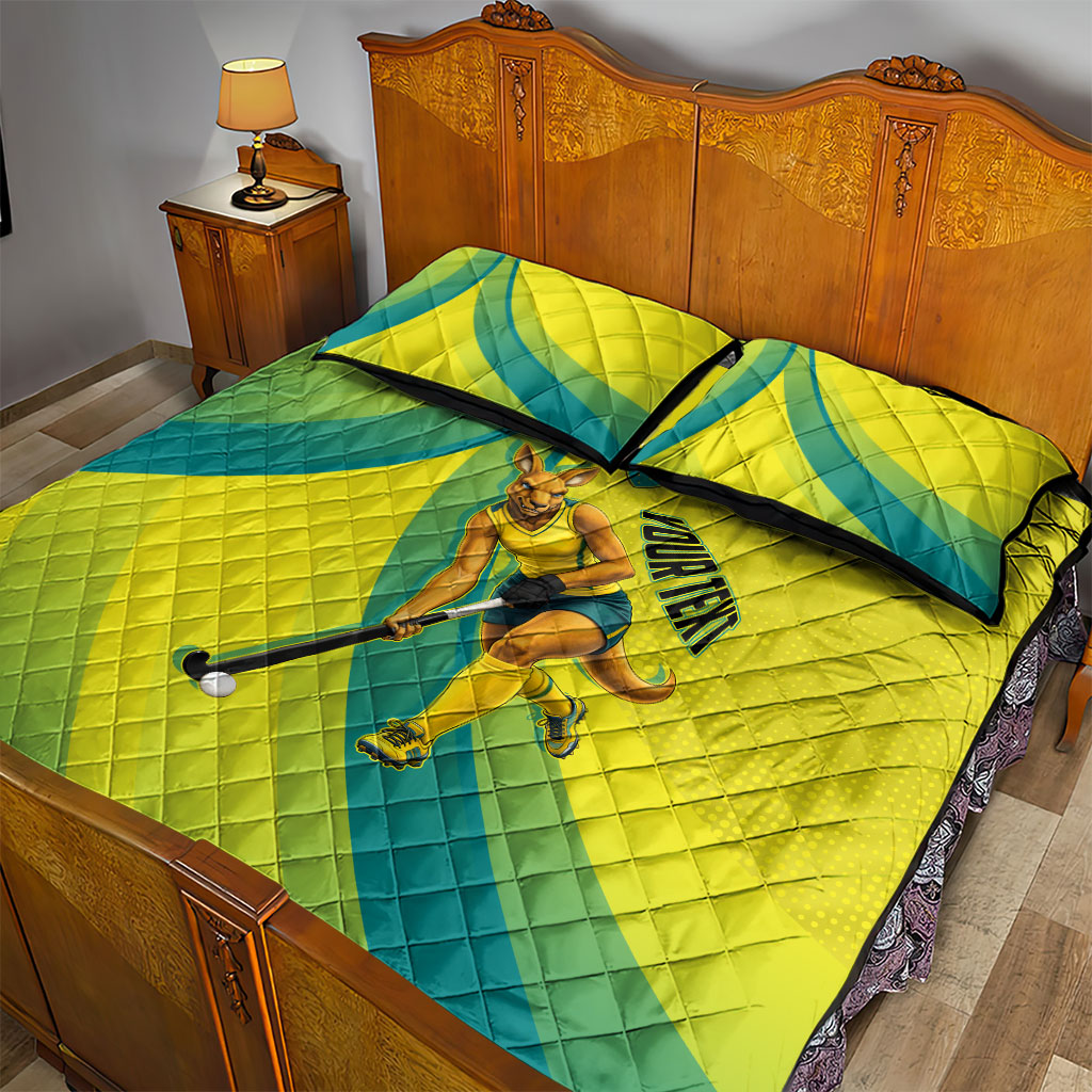 Personalised Hockeyroos Kangaroo Field Hockey Quilt Bed Set Dynamic Australia Green Gold Athlete Mascot Design