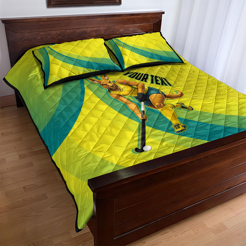 Personalised Hockeyroos Kangaroo Field Hockey Quilt Bed Set Dynamic Australia Green Gold Athlete Mascot Design