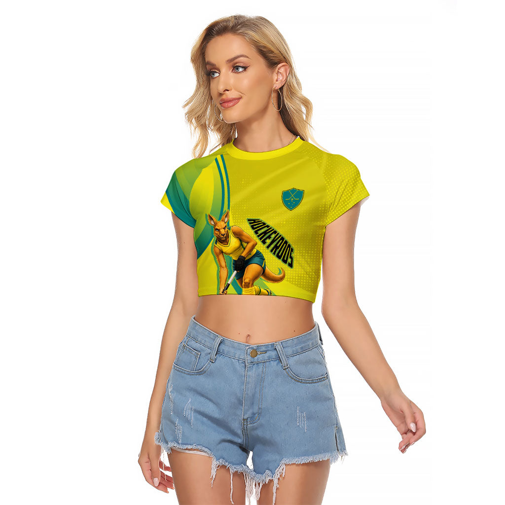 Personalised Hockeyroos Kangaroo Field Hockey Raglan Cropped T Shirt Dynamic Australia Green Gold Athlete Mascot Design