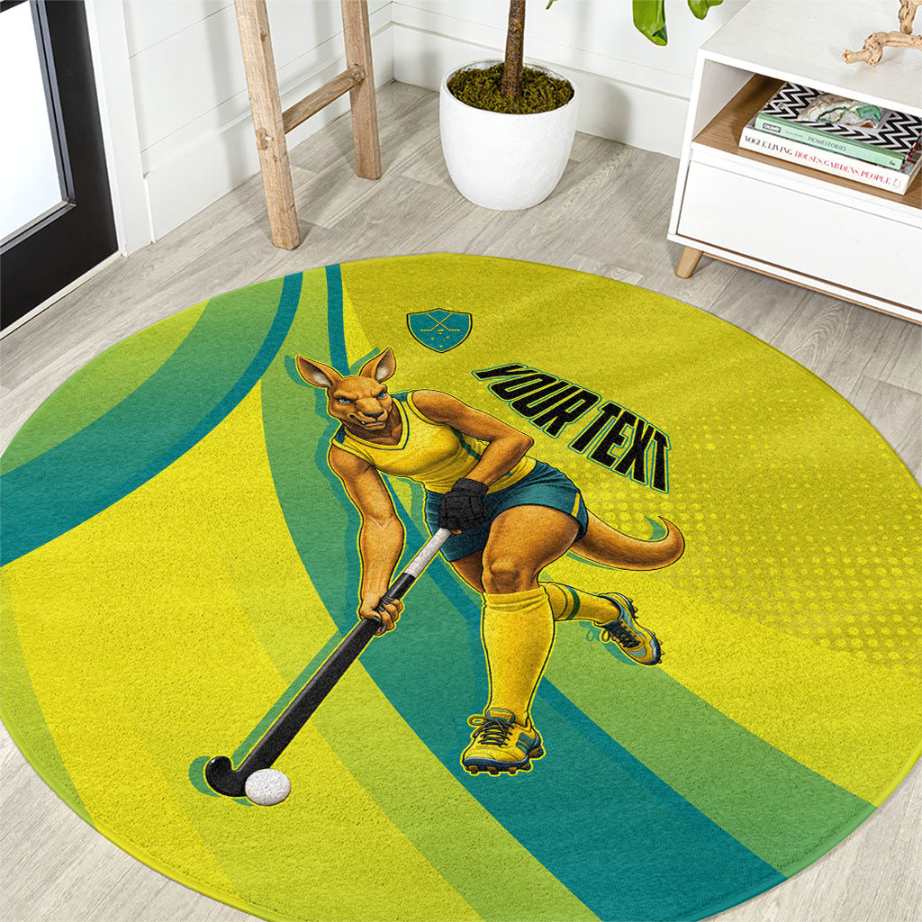 Personalised Hockeyroos Kangaroo Field Hockey Round Carpet Dynamic Australia Green Gold Athlete Mascot Design