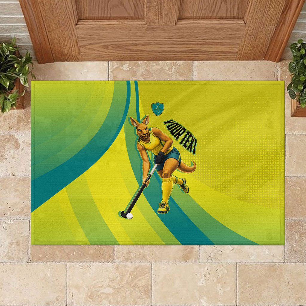 Personalised Hockeyroos Kangaroo Field Hockey Rubber Doormat Dynamic Australia Green Gold Athlete Mascot Design