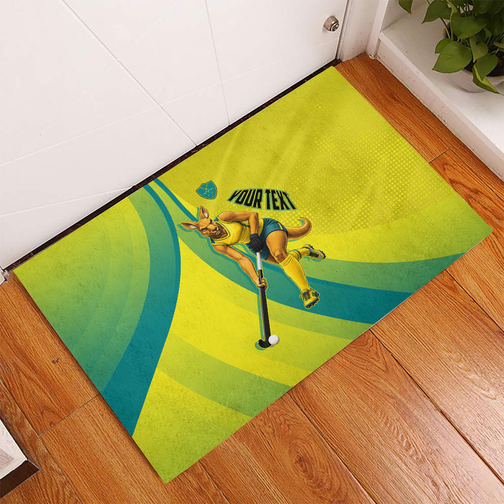 Personalised Hockeyroos Kangaroo Field Hockey Rubber Doormat Dynamic Australia Green Gold Athlete Mascot Design