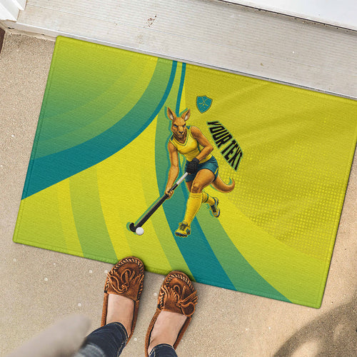 Personalised Hockeyroos Kangaroo Field Hockey Rubber Doormat Dynamic Australia Green Gold Athlete Mascot Design