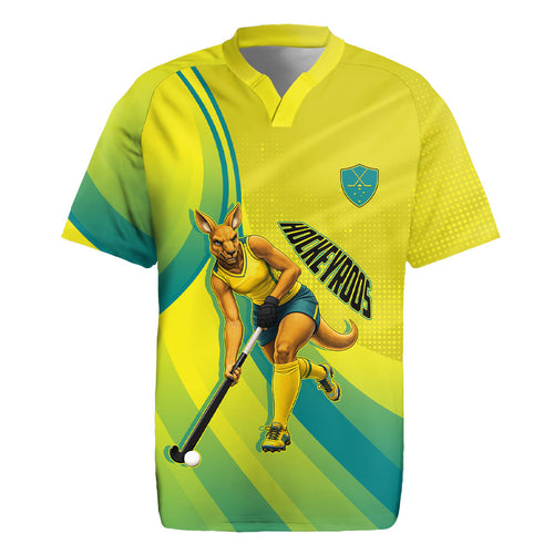 Personalised Hockeyroos Kangaroo Field Hockey Rugby Jersey Dynamic Australia Green Gold Athlete Mascot Design