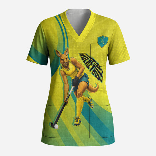 Personalised Hockeyroos Kangaroo Field Hockey Scrub Top Dynamic Australia Green Gold Athlete Mascot Design
