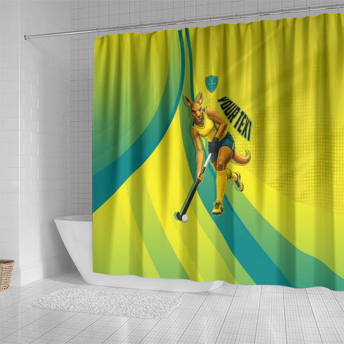 Personalised Hockeyroos Kangaroo Field Hockey Shower Curtain Dynamic Australia Green Gold Athlete Mascot Design