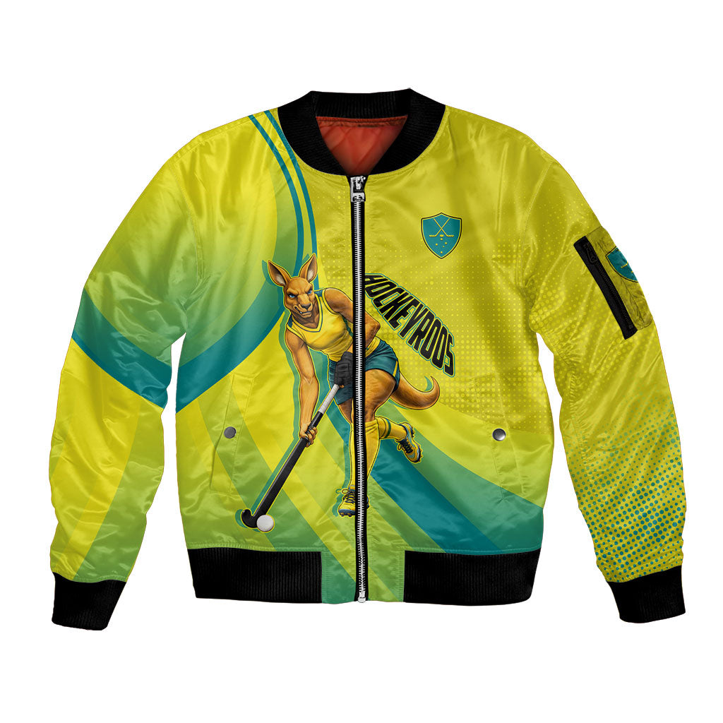Personalised Hockeyroos Kangaroo Field Hockey Sleeve Zip Bomber Jacket Dynamic Australia Green Gold Athlete Mascot Design