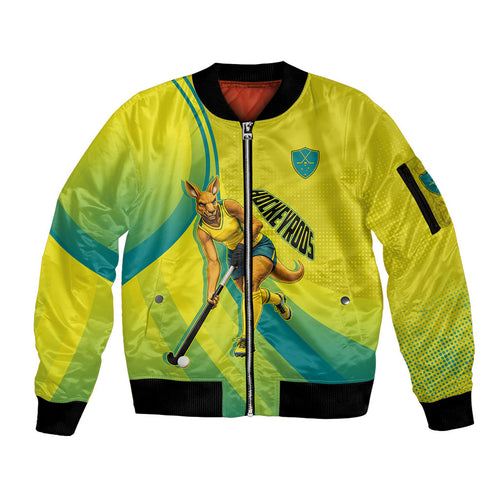 Personalised Hockeyroos Kangaroo Field Hockey Sleeve Zip Bomber Jacket Dynamic Australia Green Gold Athlete Mascot Design