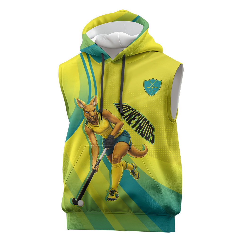 Personalised Hockeyroos Kangaroo Field Hockey Sleeveless Hoodie Dynamic Australia Green Gold Athlete Mascot Design