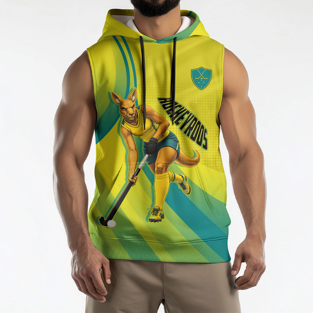 Personalised Hockeyroos Kangaroo Field Hockey Sleeveless Hoodie Dynamic Australia Green Gold Athlete Mascot Design
