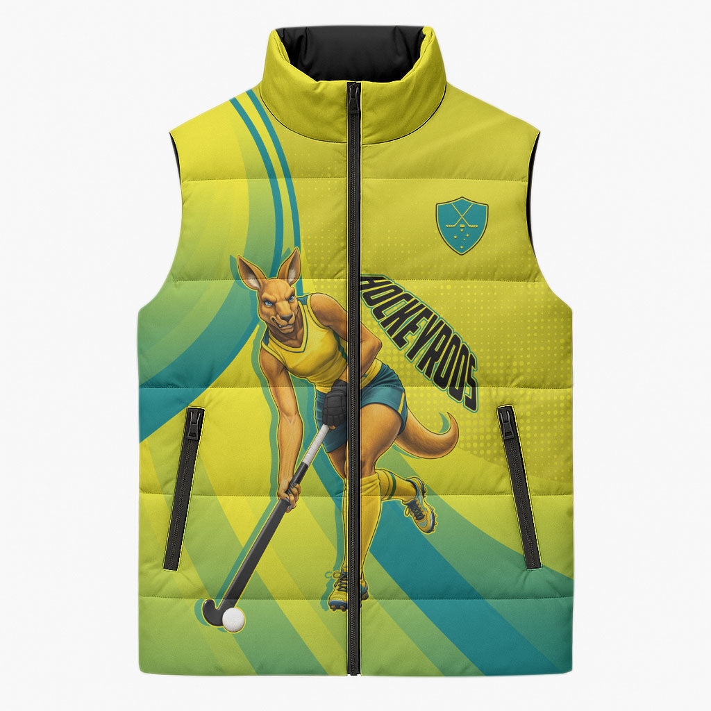 Personalised Hockeyroos Kangaroo Field Hockey Sleeveless Puffer Jacket Dynamic Australia Green Gold Athlete Mascot Design