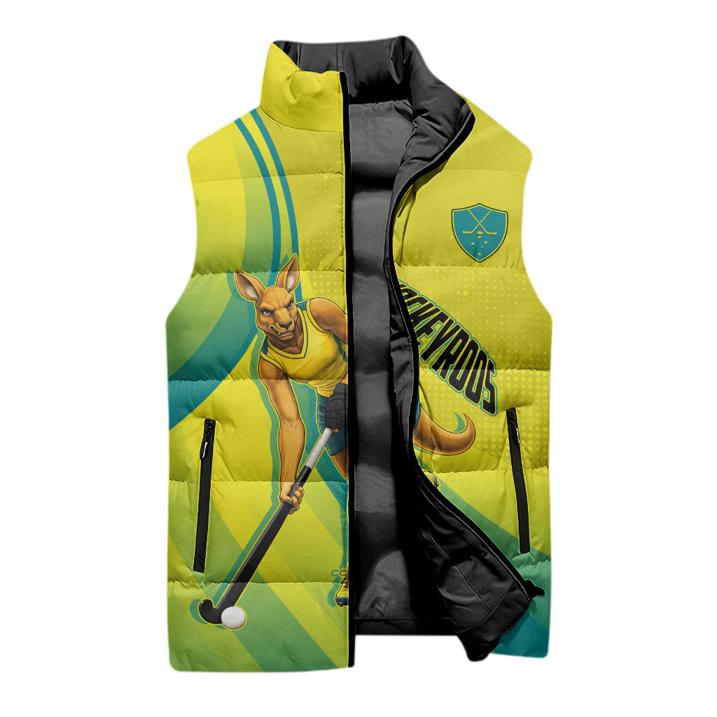Personalised Hockeyroos Kangaroo Field Hockey Sleeveless Puffer Jacket Dynamic Australia Green Gold Athlete Mascot Design