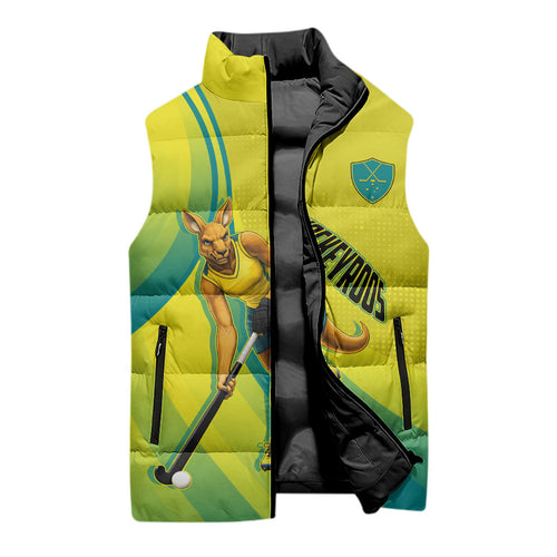 Personalised Hockeyroos Kangaroo Field Hockey Sleeveless Puffer Jacket Dynamic Australia Green Gold Athlete Mascot Design