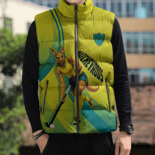 Personalised Hockeyroos Kangaroo Field Hockey Sleeveless Puffer Jacket Dynamic Australia Green Gold Athlete Mascot Design