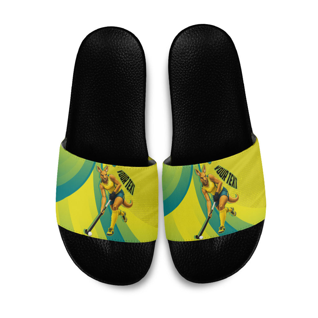 Personalised Hockeyroos Kangaroo Field Hockey Slide Sandals Dynamic Australia Green Gold Athlete Mascot Design