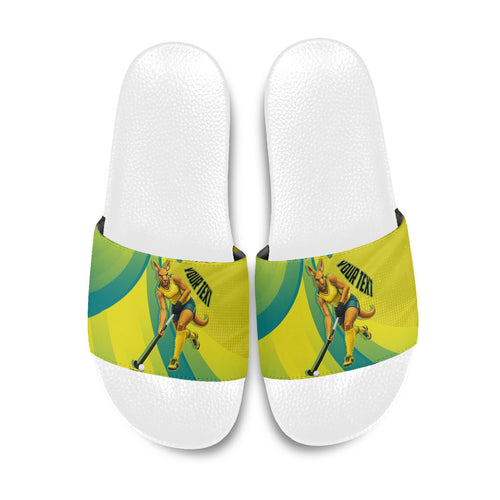Personalised Hockeyroos Kangaroo Field Hockey Slide Sandals Dynamic Australia Green Gold Athlete Mascot Design