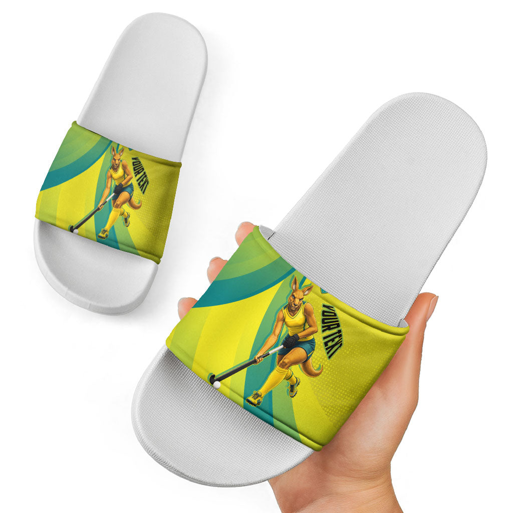 Personalised Hockeyroos Kangaroo Field Hockey Slide Sandals Dynamic Australia Green Gold Athlete Mascot Design