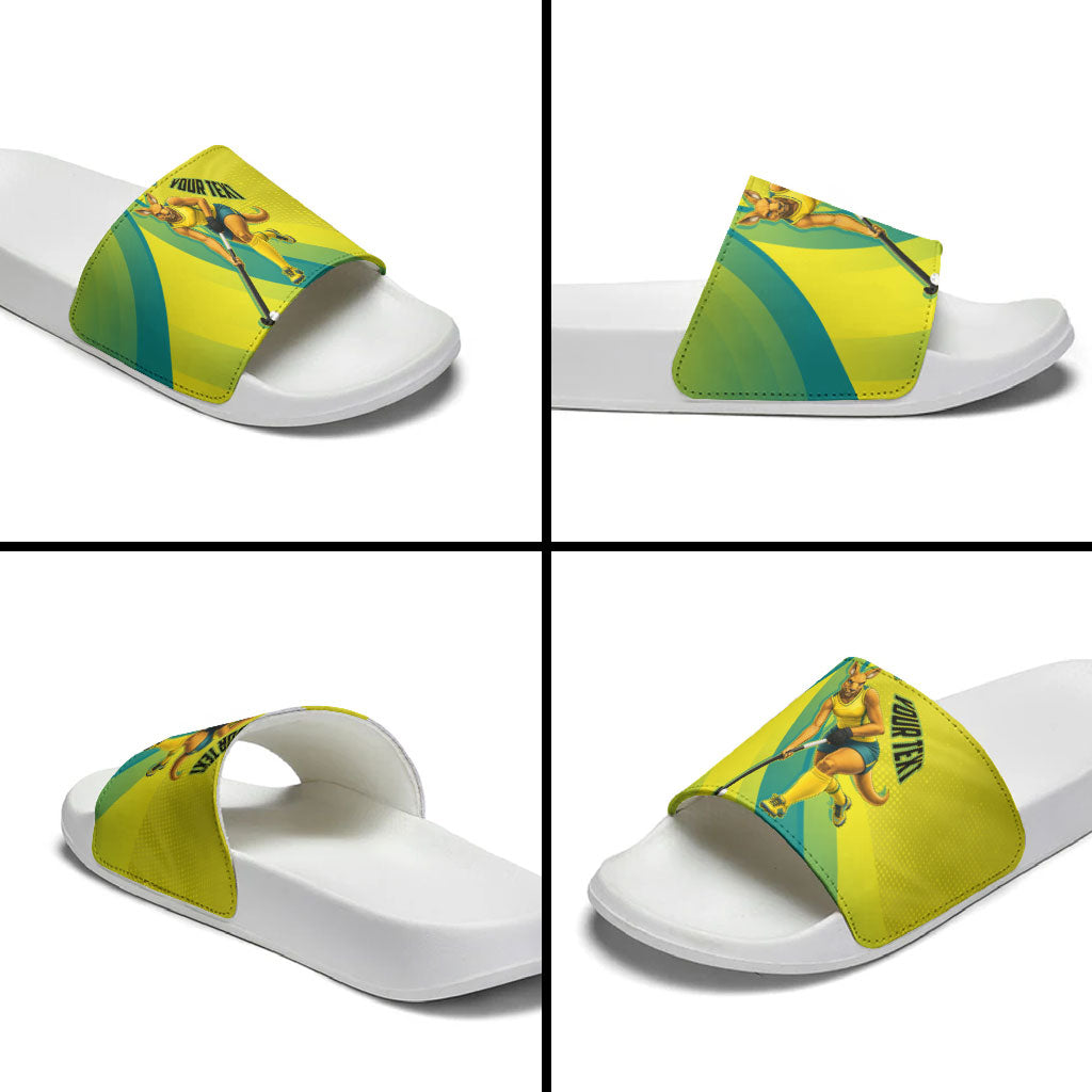 Personalised Hockeyroos Kangaroo Field Hockey Slide Sandals Dynamic Australia Green Gold Athlete Mascot Design
