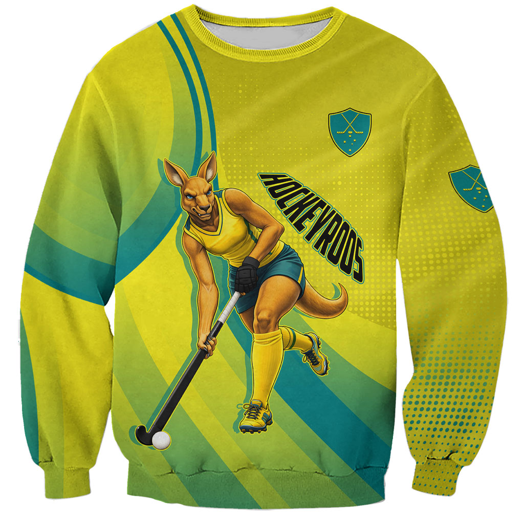 Personalised Hockeyroos Kangaroo Field Hockey Sweatshirt Dynamic Australia Green Gold Athlete Mascot Design