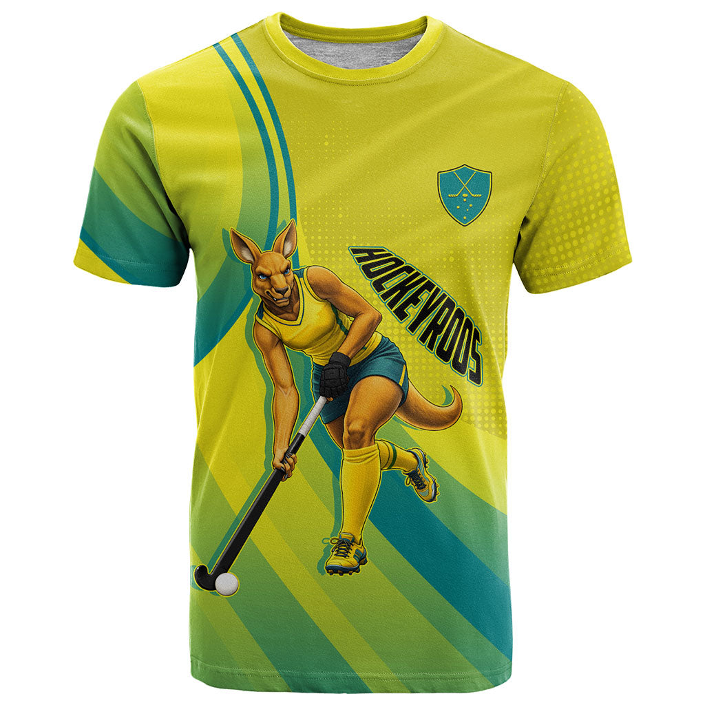 Personalised Hockeyroos Kangaroo Field Hockey T Shirt Dynamic Australia Green Gold Athlete Mascot Design