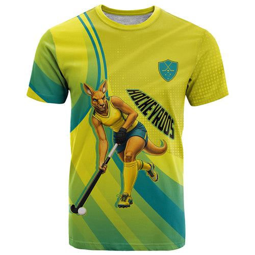 Personalised Hockeyroos Kangaroo Field Hockey T Shirt Dynamic Australia Green Gold Athlete Mascot Design