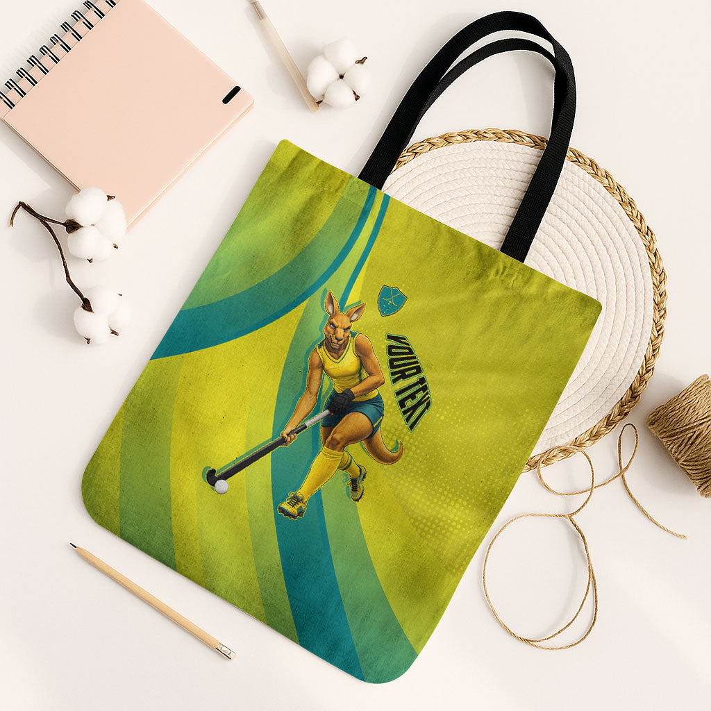 Personalised Hockeyroos Kangaroo Field Hockey Tote Bag Dynamic Australia Green Gold Athlete Mascot Design
