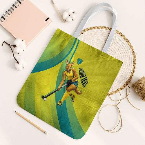 Personalised Hockeyroos Kangaroo Field Hockey Tote Bag Dynamic Australia Green Gold Athlete Mascot Design