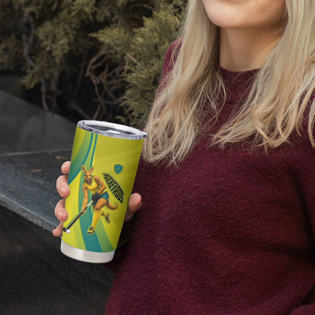 Personalised Hockeyroos Kangaroo Field Hockey Tumbler Cup Dynamic Australia Green Gold Athlete Mascot Design