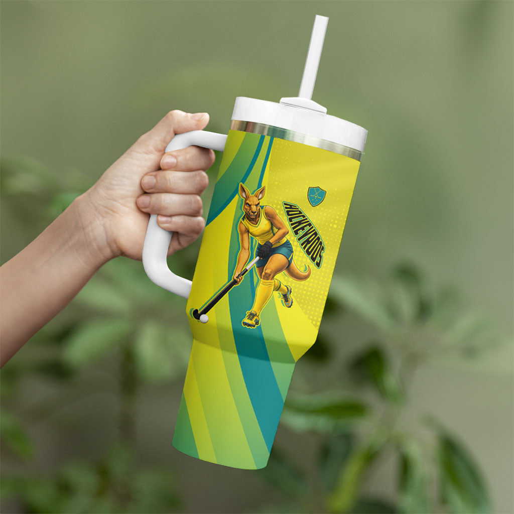 Personalised Hockeyroos Kangaroo Field Hockey Tumbler With Handle Dynamic Australia Green Gold Athlete Mascot Design