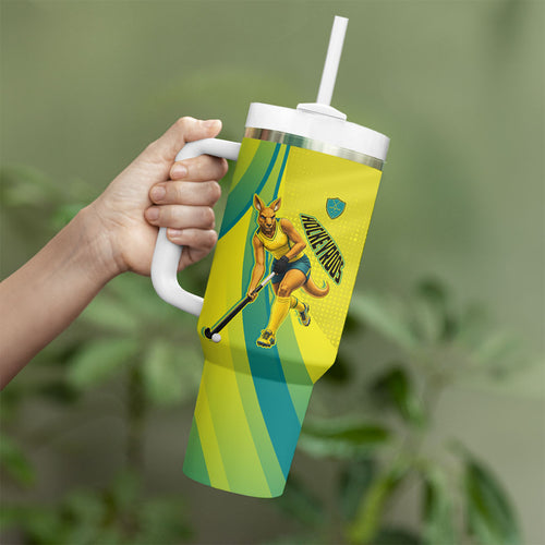 Personalised Hockeyroos Kangaroo Field Hockey Tumbler With Handle Dynamic Australia Green Gold Athlete Mascot Design
