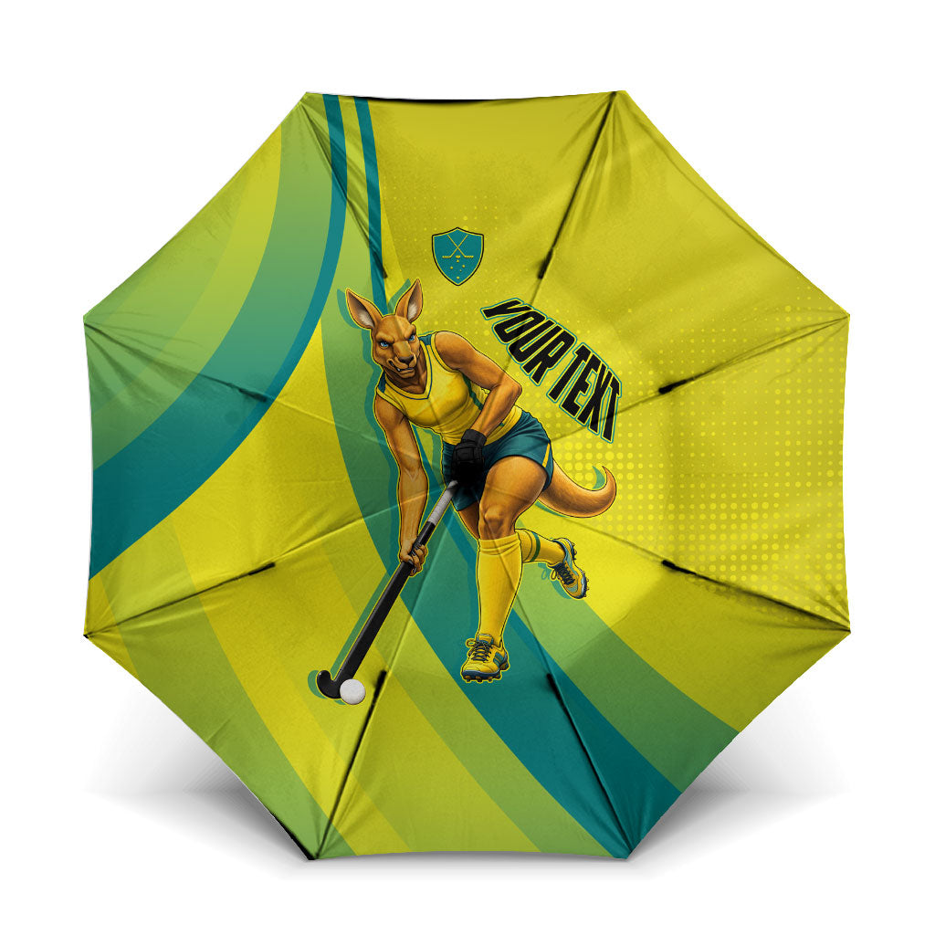 Personalised Hockeyroos Kangaroo Field Hockey Umbrella Dynamic Australia Green Gold Athlete Mascot Design