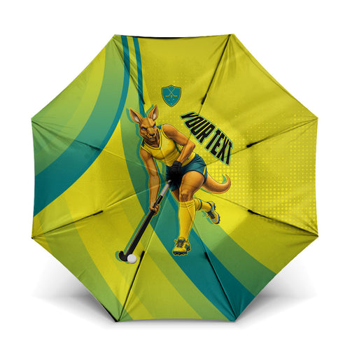 Personalised Hockeyroos Kangaroo Field Hockey Umbrella Dynamic Australia Green Gold Athlete Mascot Design