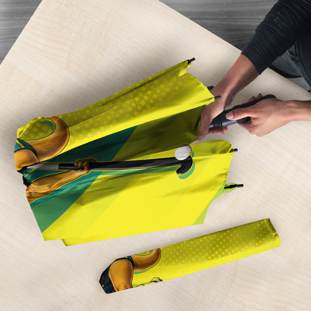 Personalised Hockeyroos Kangaroo Field Hockey Umbrella Dynamic Australia Green Gold Athlete Mascot Design