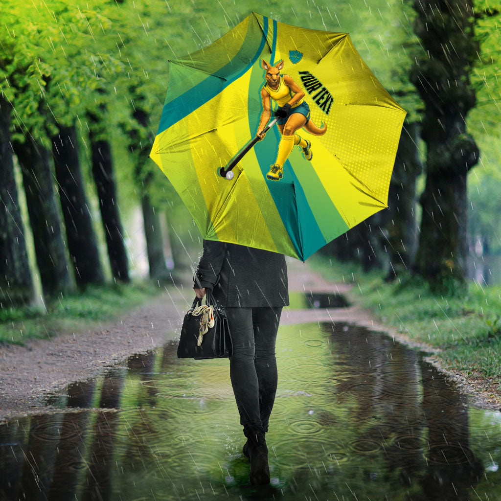 Personalised Hockeyroos Kangaroo Field Hockey Umbrella Dynamic Australia Green Gold Athlete Mascot Design