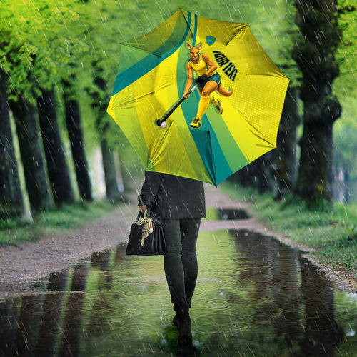 Personalised Hockeyroos Kangaroo Field Hockey Umbrella Dynamic Australia Green Gold Athlete Mascot Design