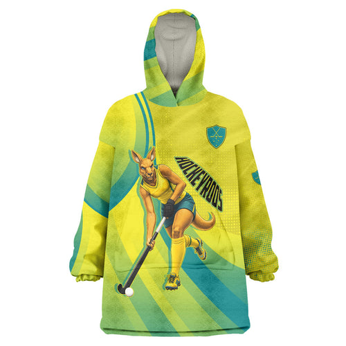Personalised Hockeyroos Kangaroo Field Hockey Wearable Blanket Hoodie Dynamic Australia Green Gold Athlete Mascot Design